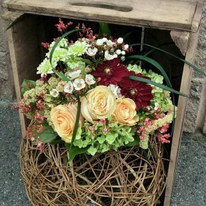 Bouquet of roses, hydrangea, dahlia, wax flowers, amaranthe